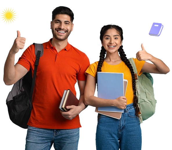 Students with books showing thumbs up